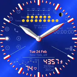 MM12: Blue Elegant Classic Analog 3D effect, Dashboard, contacts, advanced weather, heart rate chart, steps, calories, calendar, media controls, 2 timers, reminder, alarms, latest apps