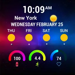 Weather forecast with location, steps, battery and heart rate monitor