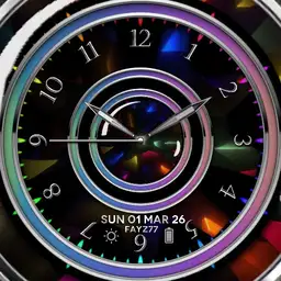 Multicolour and chrome watch face.