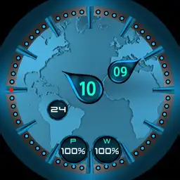 Worldly. Single fun face. Floating hands showing analogue and digital time.