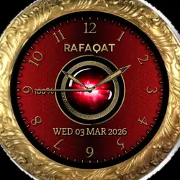 Red, gold and black watch face with motion. Copy