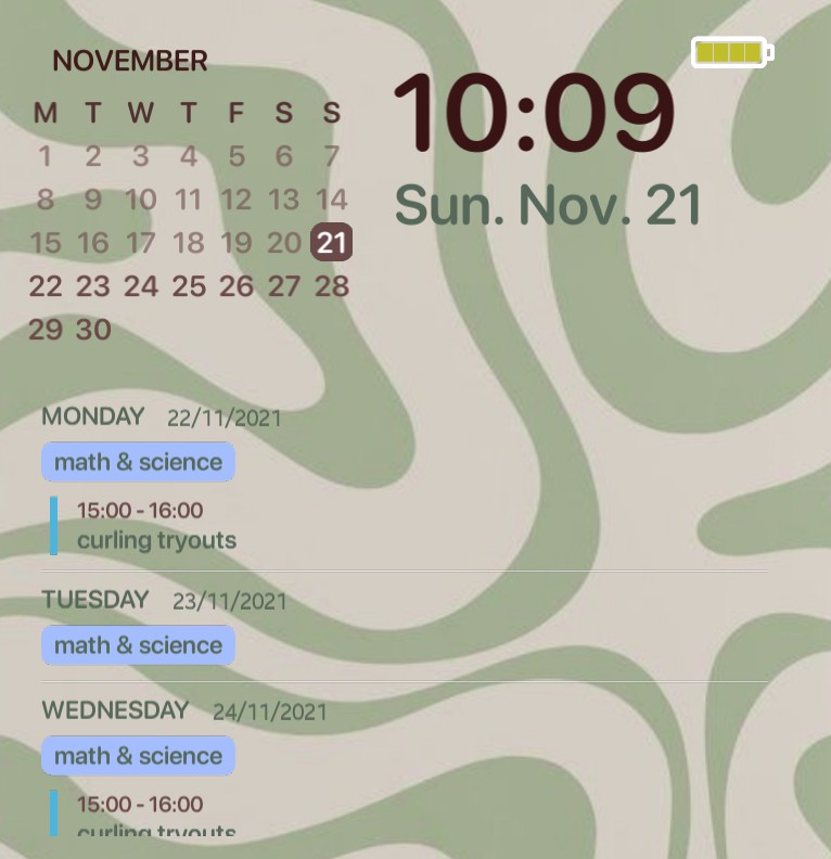 Green calendar, date, agenda, and time