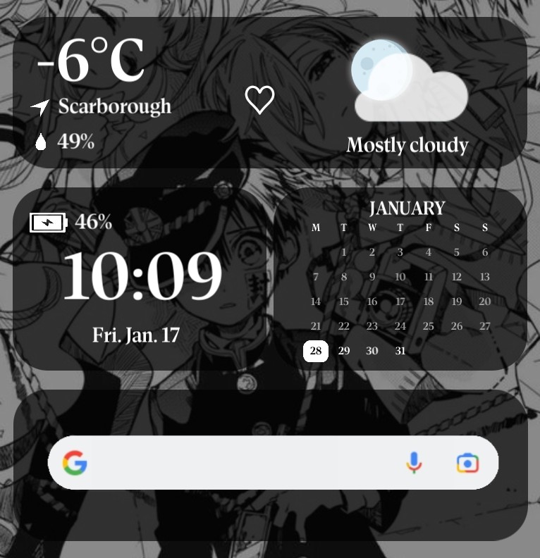 hanako-kun - weather, time, date, and google search bar