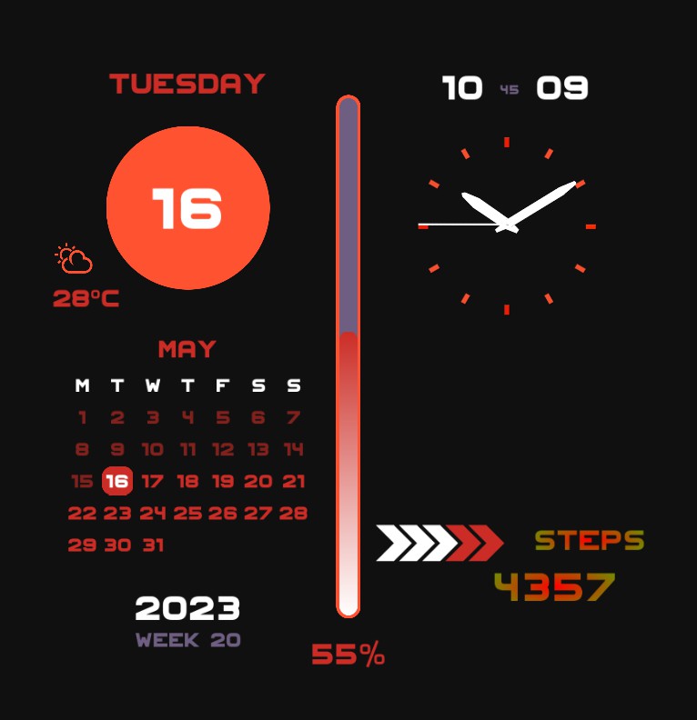 Themeable Dashboard on Black Background with Battery Level Moonphase sunrise/sunset times Copy