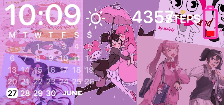 Sanrio my melody kuromi cute kawaii date time calender battery steps wheather cute