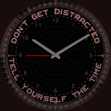 Orange-tinted grey analog clock with text reminder