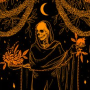 orange aesthetic tarot card skeleton 